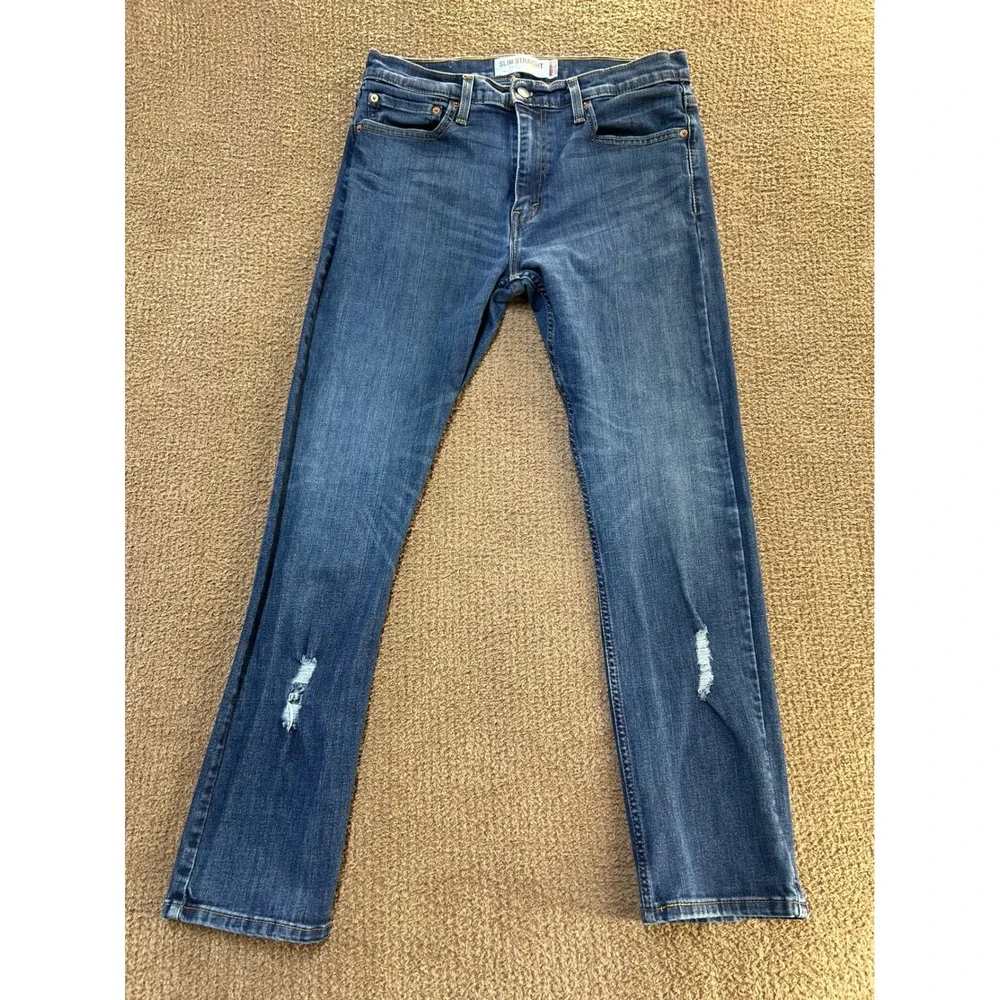 Levis 513 Slim Straight Jeans Mens 34x32 Medium Wash Blue Distressed Denim